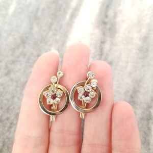 Vintage Karu Rhinestone Flower Clip On Earrings, Screw Backs, Retro Estate